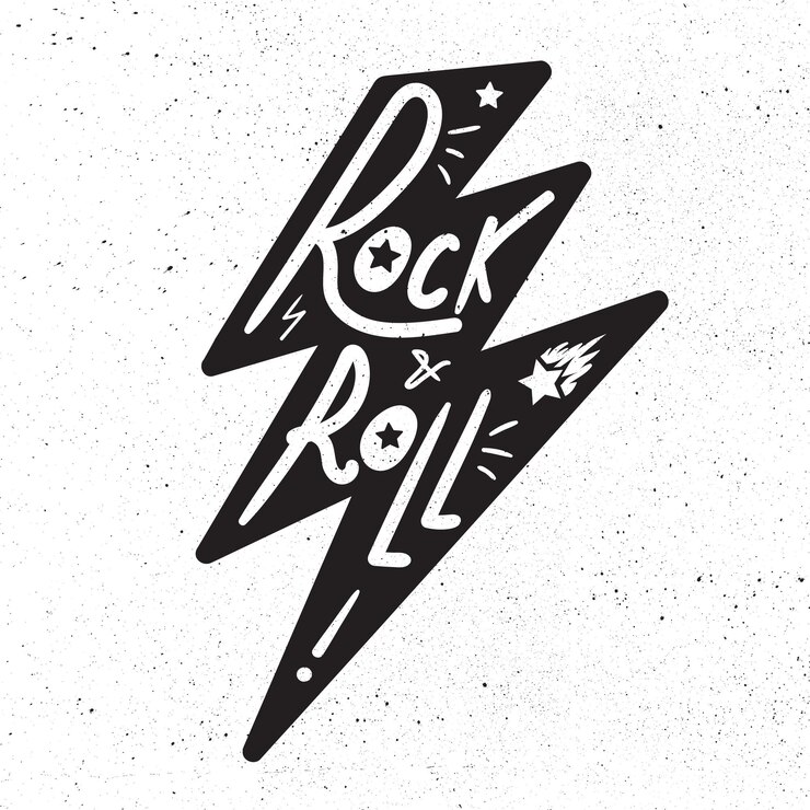 Letras de rock and roll para camiseta, adesivo, impressão, tecido, pano. Distintivo de música monocromática desenhada de mão vintage. Emblema de som retrô moderno para cartão, folheto de concerto, fest, cartão postal, etiqueta, cartaz. Vetor