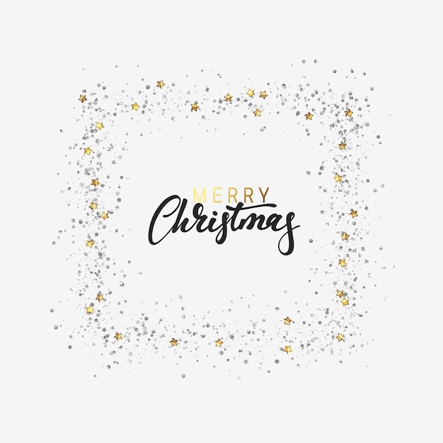 Letras de texto caligráfico de feliz natal de fundo festivo, moldura espalhada com confete prateado brilhante e ouropel. celebre o elemento de decoração. cartão de saudação de natal, cartaz de banner. ilustração vetorial