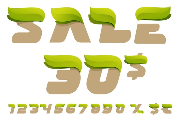 Letras de venda de ecologia com números definidos por cento e cifrão letras oblíquas folhas verdes