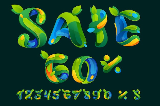 Vetor letras de venda definidas com porcentagem de números e sinal de moeda arte de ecologia com folhas verdes