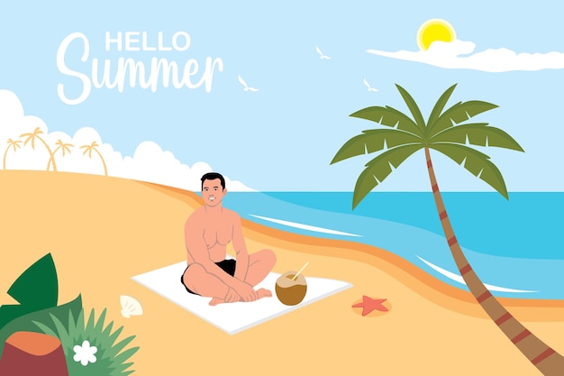 Letras de verão com um homem na praia ilustração vetorial