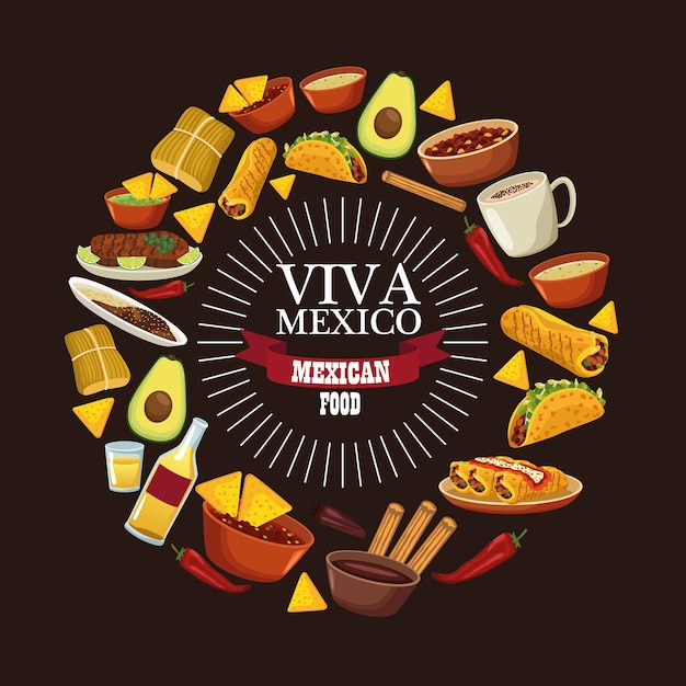 Vetor letras de viva mexico e comida mexicana com menu ao redor.