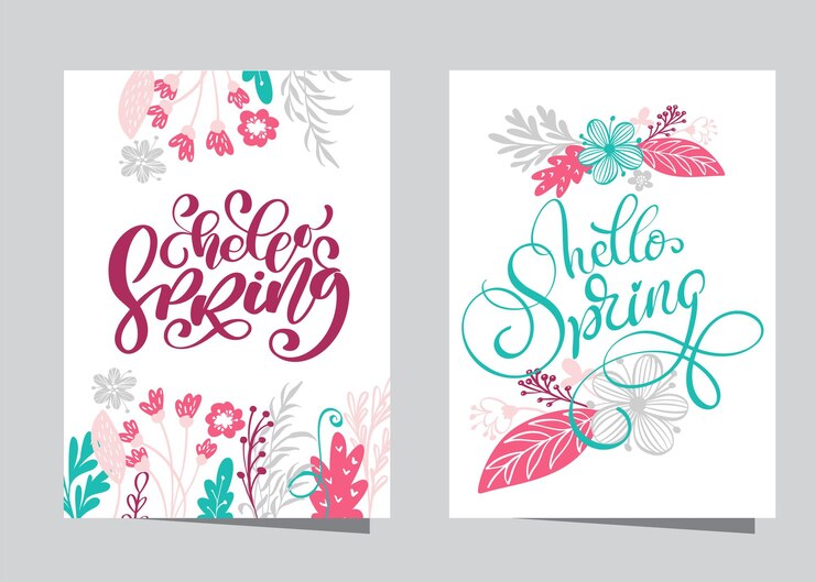 Vetor letras desenhadas à mão olá primavera com moldura de galhos de coroa de flores e folhas escandinavas