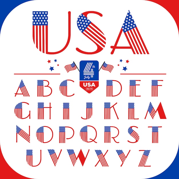 Letras do alfabeto definidas no estilo eua com bandeira americana. feliz 4 de julho.