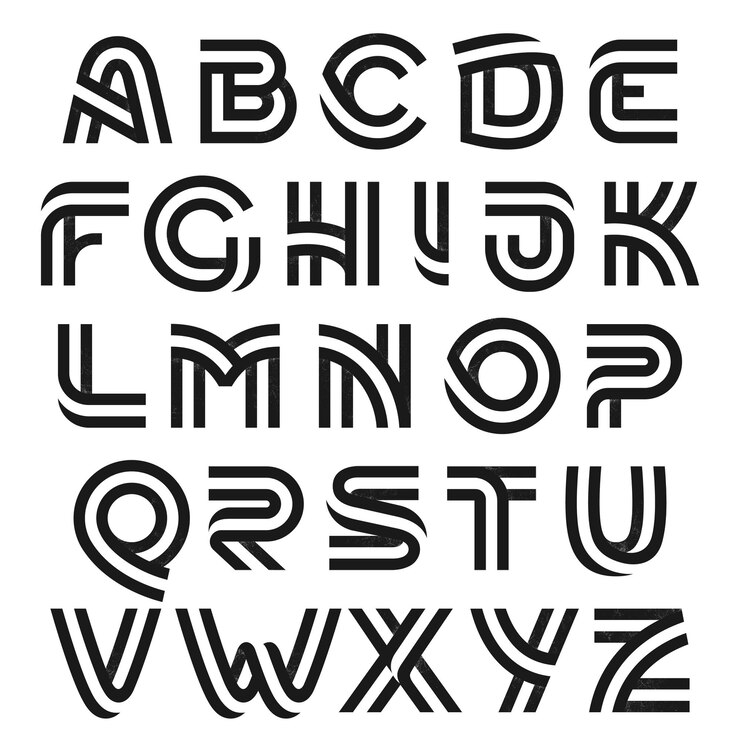 Letras do alfabeto formadas por duas linhas paralelas com textura de ruído. Tipo de letra vetorial preto e branco para etiquetas, títulos, pôsteres, cartões, etc.