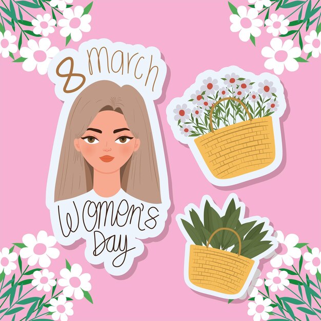 Letras do dia das mulheres de março, mulher bonita com cabelo castanho claro e cestas com ilustração de flores