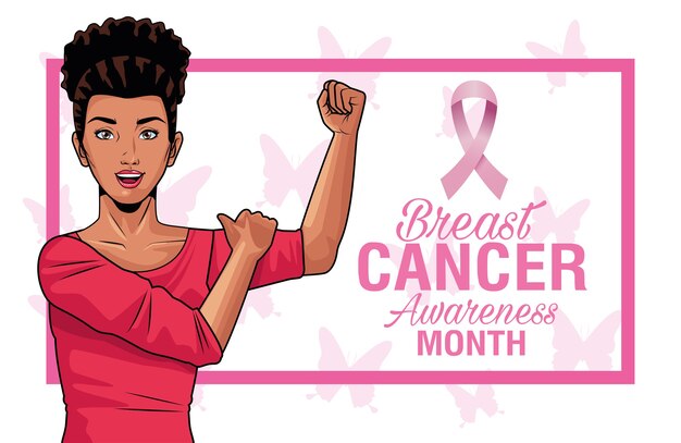 Letras do mês de conscientização do câncer de mama com mulher afro forte e design de ilustração vetorial de fita