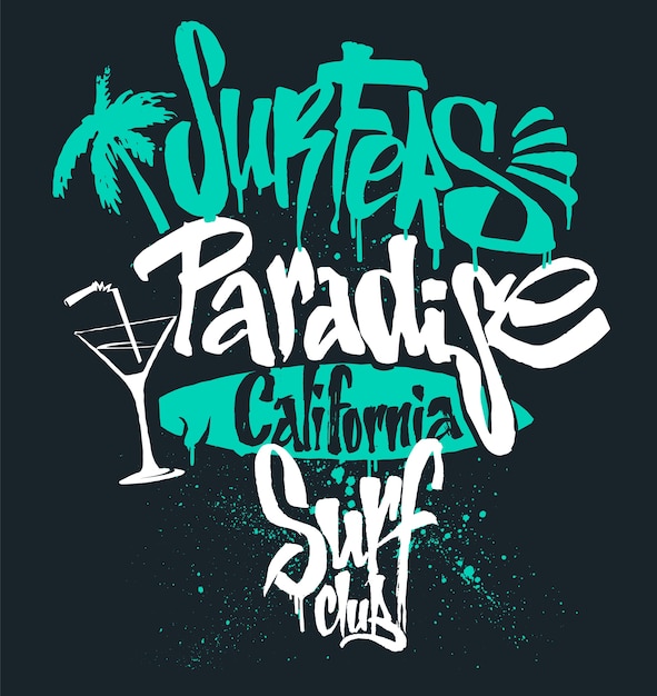 Letras do paraíso do surf, gráficos de camisetas, ilustração