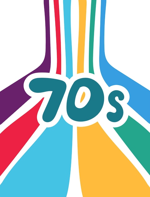 Letras dos anos 70 com arco-íris no estilo retrô dos anos 70 Boas vibrações inscrição multicolorida Vetor