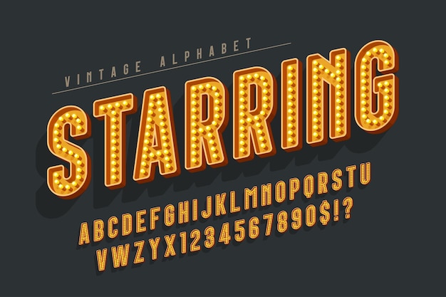 Letras e números de lâmpadas led de cabaré de design de alfabeto de cinema retrô design original