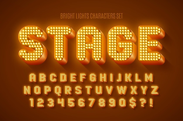 Letras e números de lâmpadas led de cabaré de design de alfabeto de show retrô