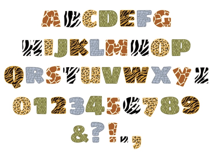 Vetor letras e números do alfabeto desenhados à mão com padrão de pele de animais da selva ilustração vetorial