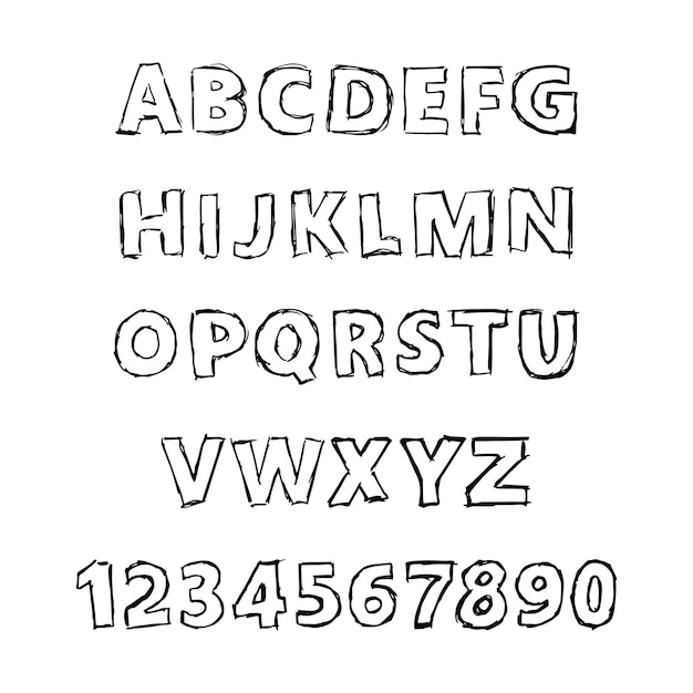 Letras e números do alfabeto latino desenhados à mão fonte moderna maiúscula e tipo de letra símbolos pretos sobre fundo branco ilustração vetorial