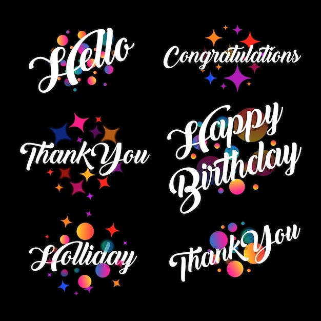 Letras em estilo caligráfico com as inscrições obrigado olá parabéns feliz aniversário feriado desfocado desfocado bolas e estrelas coloridas