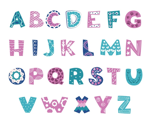 Vetor letras escandinavas do alfabeto decorativo para crianças estilo gráfico engraçado símbolos do alfabeto vetorial para fazer palavras diferentes