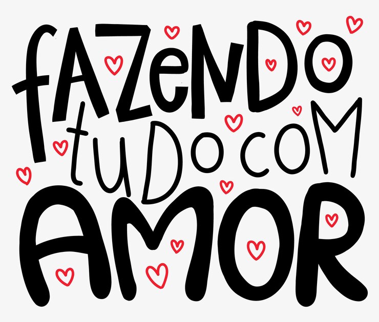 Vetor letras fofas em português do brasil com corações tradução fazendo tudo com amor