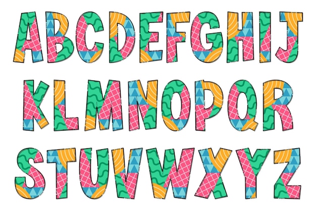 Vetor letras geométricas multicoloridas feitas à mão, cor, arte criativa, design tipográfico