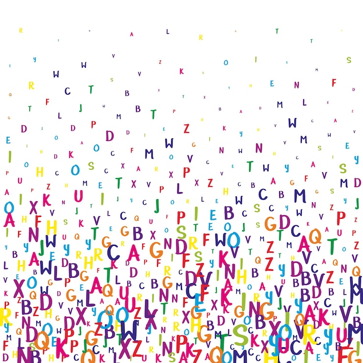 Vetor letras latinas voadoras coloridas e infantis espalhadas