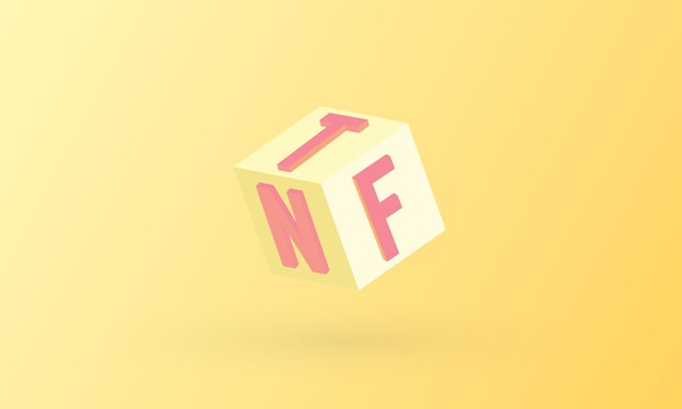 Letras NFT na caixa de cubo amarelo Design de tipografia de token não fungível