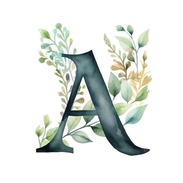 Letras pretas com folhas verdes em aquarela