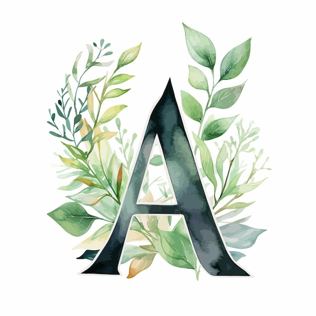 Letras pretas com folhas verdes em aquarela