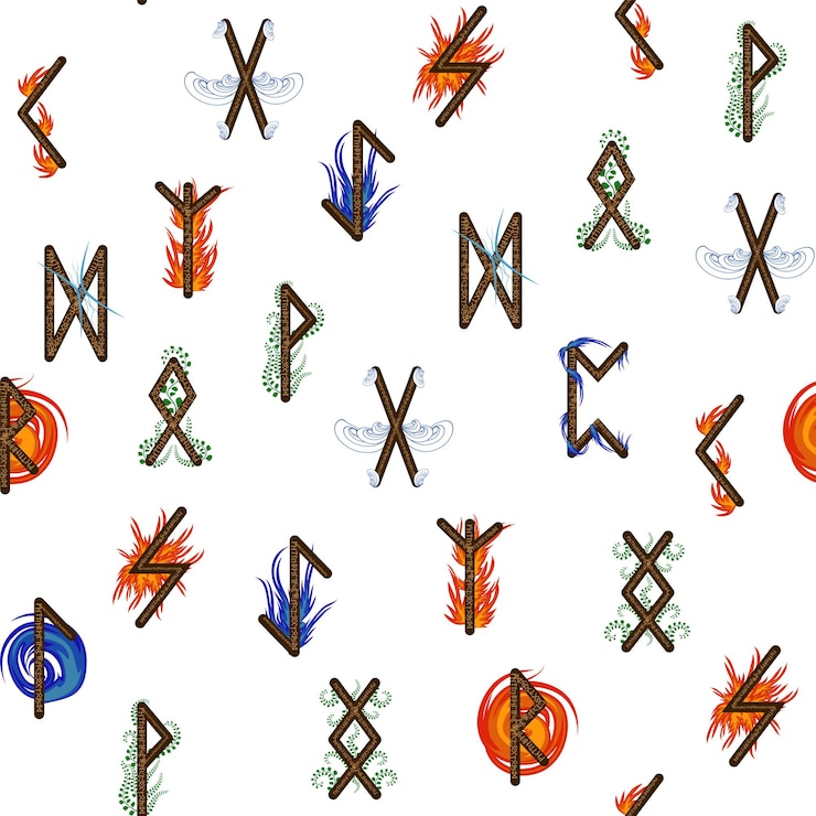Vetor letras rúnicas desenhadas à mão padrão sem costura com símbolos elementais signos e símbolos mágicos da cultura escandinava