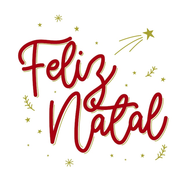 Vetor letras vermelhas feliz natal em português brasileiro com detalhes verdes com estrela cadente tradução feliz natal