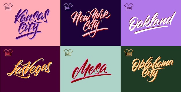 letras vintage de cidades da américa, nova iorque, carvalho, kansas, las vegas, mesa, clipart vetorial