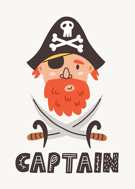Lettering capitão face pirata espadas Chapéu preto crânio um olho com barba vermelha Doodle ilustração berçário desenhado à mão bebê estilo escandinavo camiseta infantil cartão postal