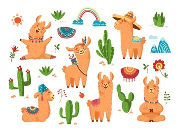 Vetores de Llamas Ou Alpacas Coloridos Bonitos Do Estilo Dos Desenhos  Animados Com O Poncho Com Cacto E Jogo Mexicano Da Ilustração Do Abanador  Do Rumba e mais imagens de Sticker 