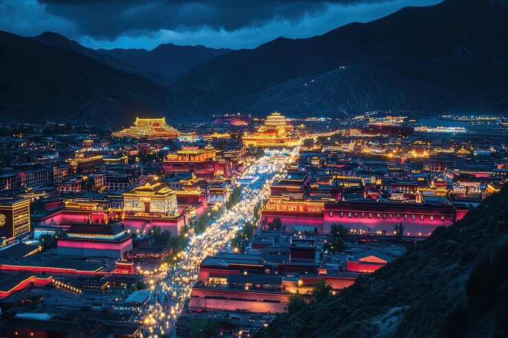 Vetor lhasas vermelho amarelo harmonia uma paisagem urbana tibetana panorama céu ásia vista foto imagem urbana casas