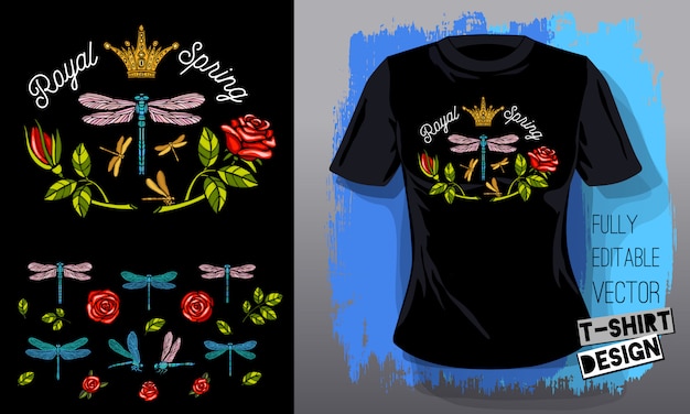 Libélula, rosas, flores, folhas bordado dourado rainha coroa tecidos têxteis design de camiseta letras asas de ouro inseto luxo moda bordados estilo mão desenhada