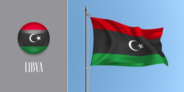 Líbia acenando uma bandeira no mastro da bandeira e ilustração ícone redondo.