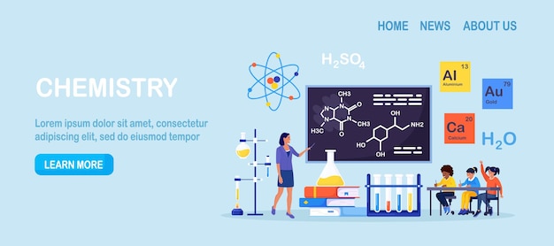 Lição da escola de química alunos aprendendo elemento de fórmula química experiência científica em laboratório com reagentes de frascos de química equipamentos científicos laboratório de pesquisas científicas educação