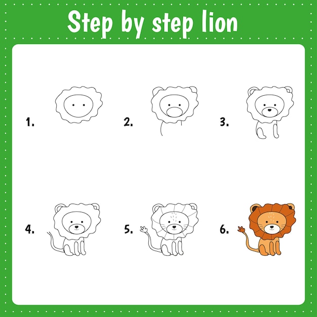 Lição de desenho para crianças como desenhar leão tutorial de desenho com  animal engraçado passo a passo repete a imagem página de arte de atividade  infantil para livro ilustração vetorial