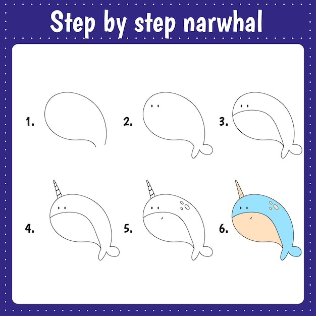 Lição de desenho para crianças como desenhar narval tutorial de desenho com animal engraçado passo a passo repete a imagem página de arte de atividade infantil para livro ilustração vetorial