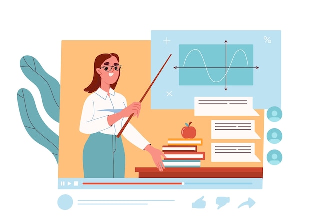 Lição on-line mulher professor menina com ponteiro perto do quadro com gráfico e diagrama distante
