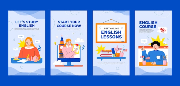 Lições de inglês de design plano histórias de instagram