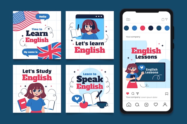 Vetor lições de inglês postagens no instagram