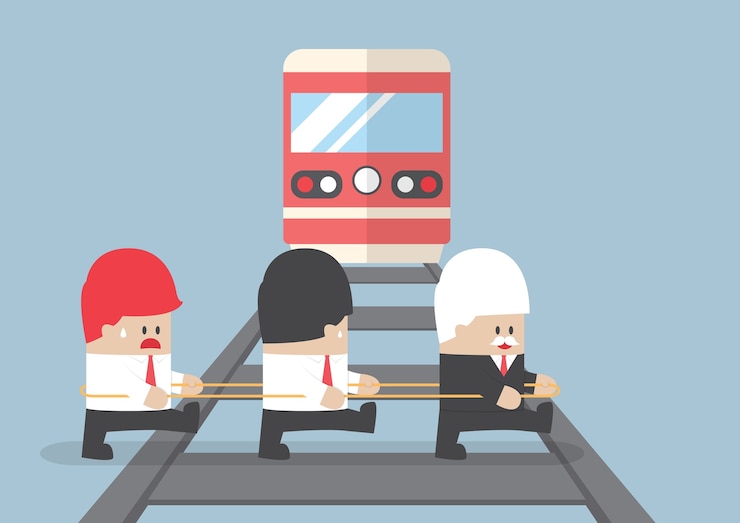 Vetor líder empresarial cruzando a ferrovia ignorando sua equipe.