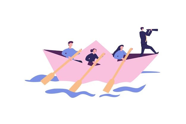 Vetor liderança para liderar negócios em crise trabalho em equipe ou apoio para alcançar a visão alvo ou estratégia para o sucesso conceito empresário líder com binóculos liderar equipe de negócios navegando origami navio