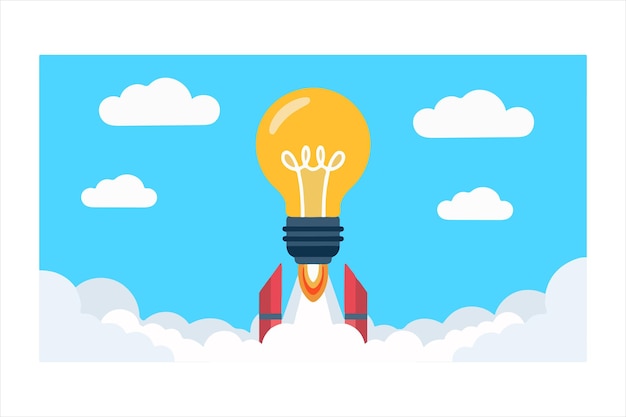 Light Bulb Idea Insight Lançamento de foguete Conceito Imagem vetorial para criatividade Lançamento de raquete de lâmpada de luz