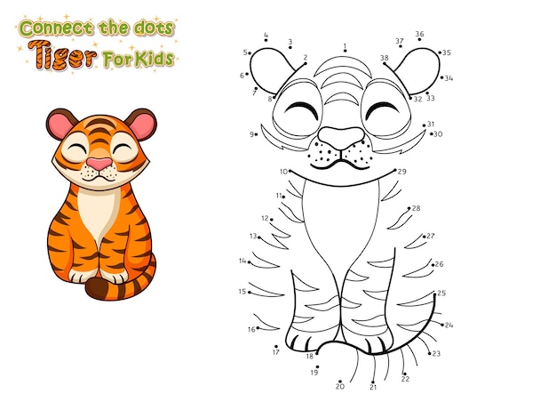 Vetor ligue os pontos e desenhe um tigre bonito. artesanato e planilhas para criança. ilustração vetorial. aprendendo letras para crianças, pré-escola, jardim de infância