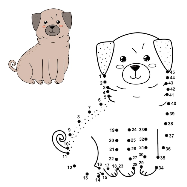Ligue os pontos para desenhar o cachorro fofo e colorir. números educacionais e jogo de colorir para crianças. ilustração