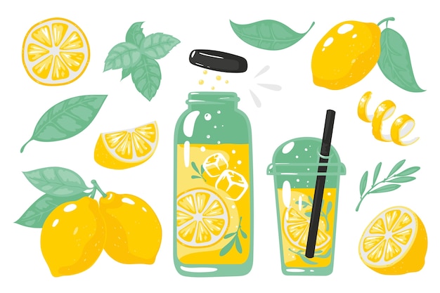 Limão amarelo desenhado de mão. limonada gelada de verão com fatias de canudo e vidro de garrafa de limão.