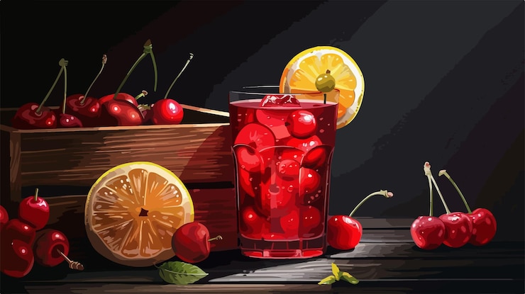Vetor limonada de cereja refrescante em vidro com fundo de caixa de madeira