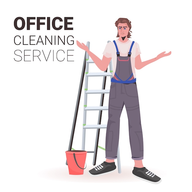 Limpador de escritório profissional masculino zelador de uniforme com espaço de cópia de equipamento de limpeza