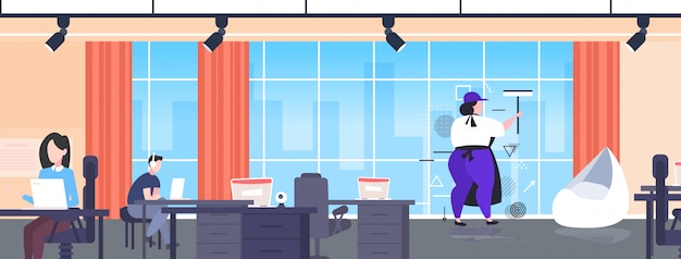 Limpador de mulher usando limpador limpador zelador feminino em uniforme de lavagem de janelas serviço conceito moderno escritório interior comprimento total desenho ilustração horizontal