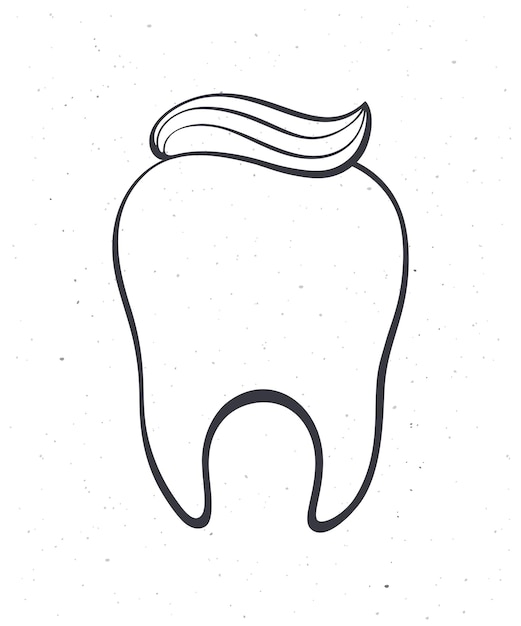 Limpe o dente humano saudável com pasta de dentes. ilustração em vetor de contorno