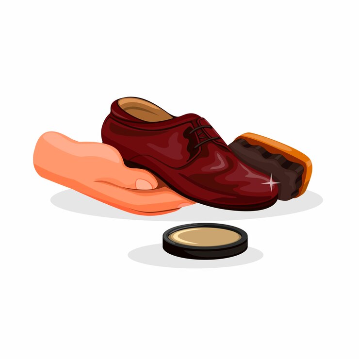 Vetor limpeza de sapatos. mão segurando o sapato com pincel e polonês gel símbolo na ilustração dos desenhos animados, isolado no fundo branco
